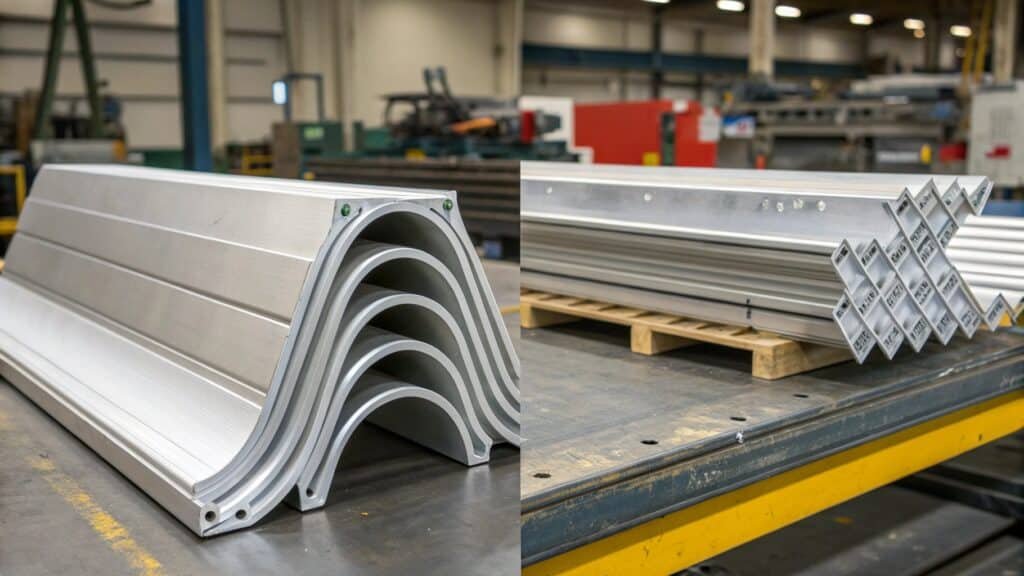 A split image showing raw aluminum being easily bent on one side, and a complex, high-strength forged part on the other.